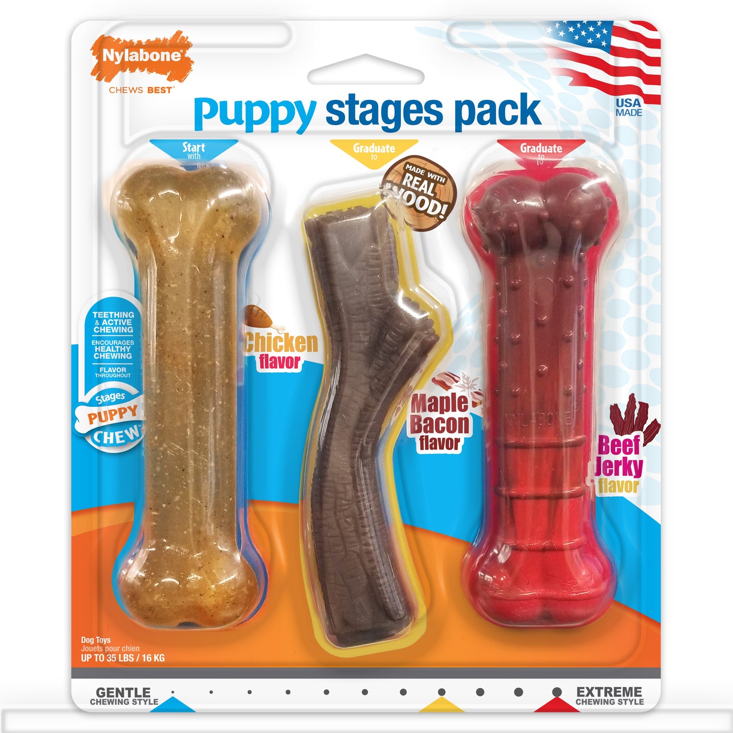 Nylabone Puppy Dog Chew Stages Triple Pack Chewy Toys Chicken, Bacon