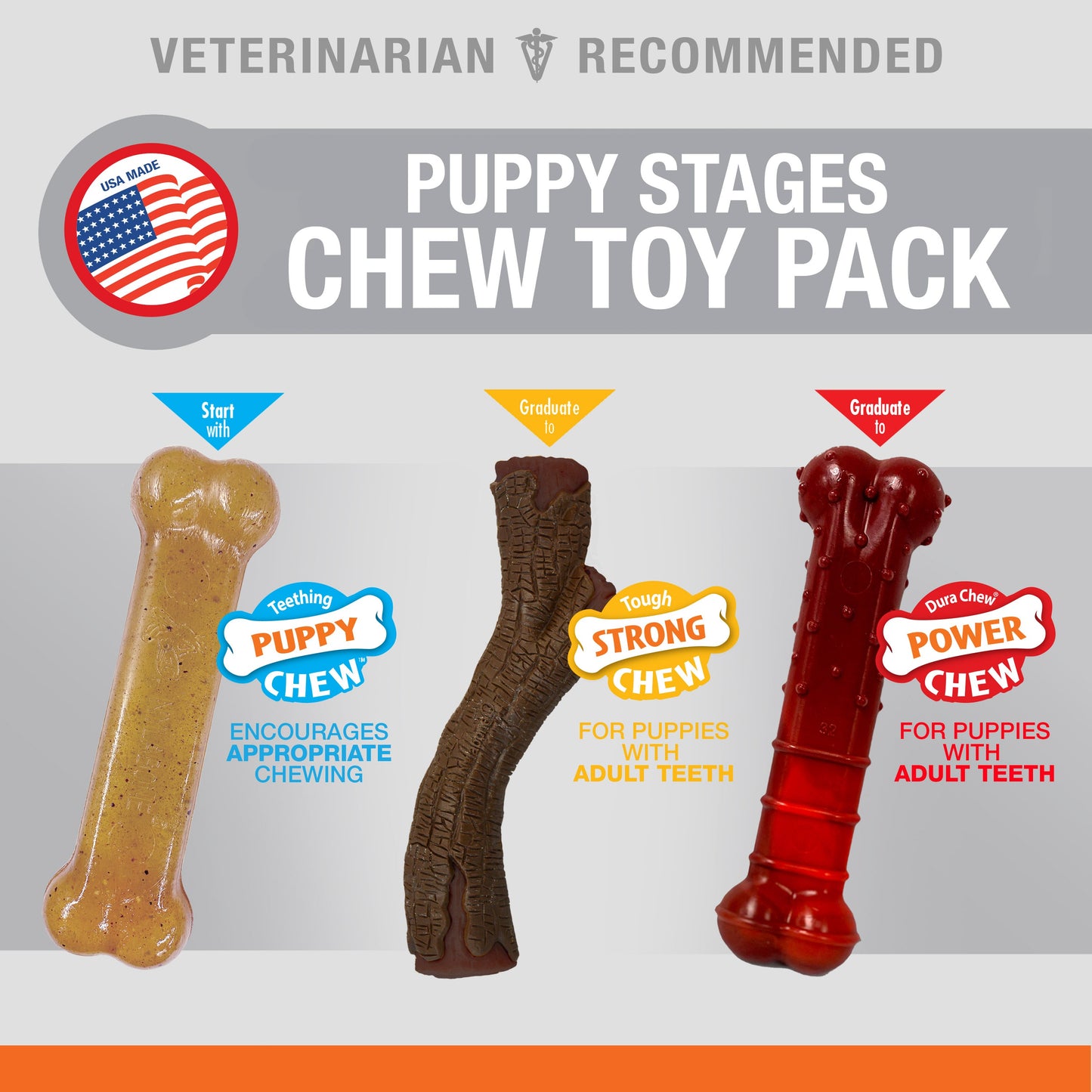 Nylabone Puppy Dog Chew Stages Triple Pack Chewy Toys Chicken, Bacon, view 2