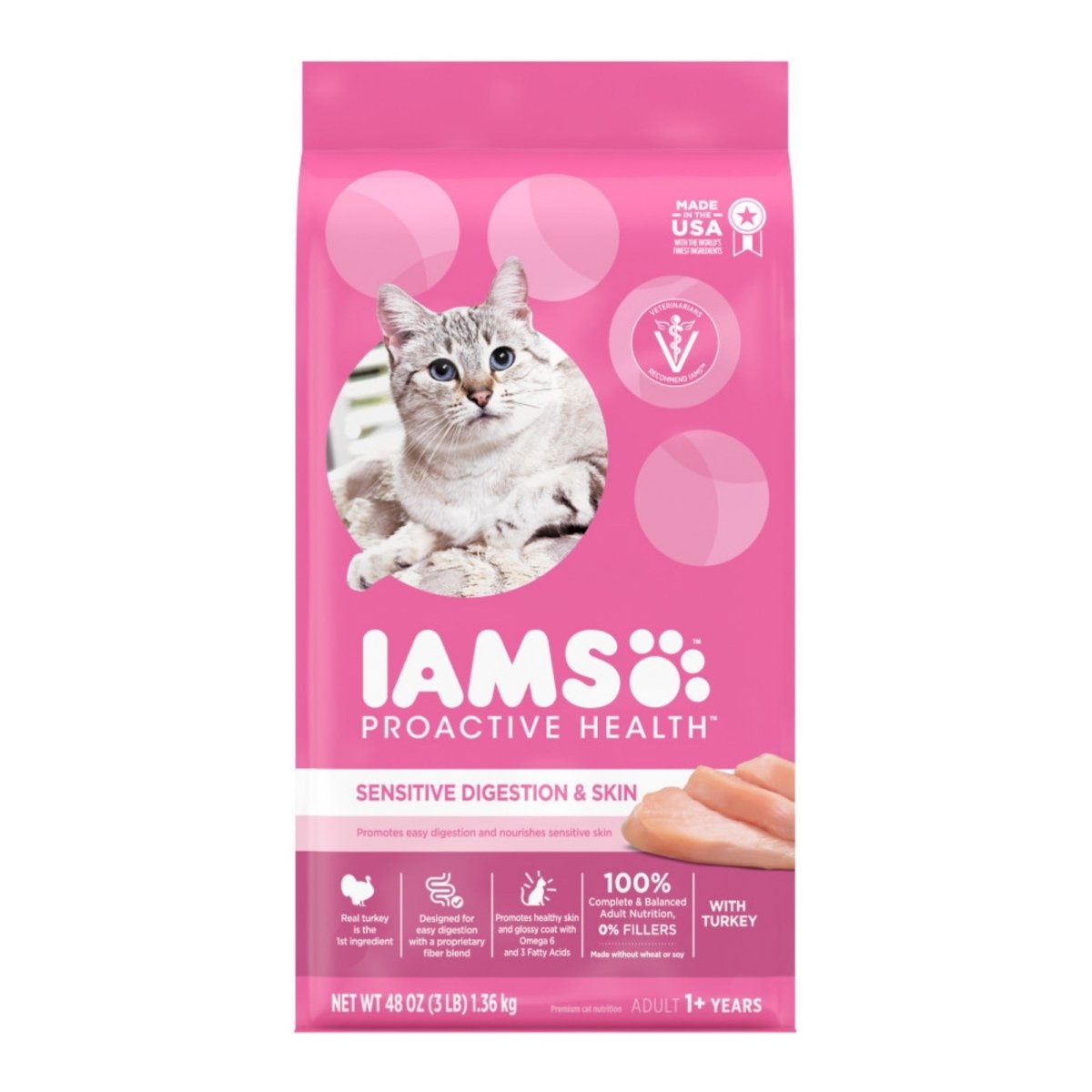 IAMS Proactive Health Sensitive Digestion & Skin Adult Dry Cat Food Turkey 3lb - Pets Perfect