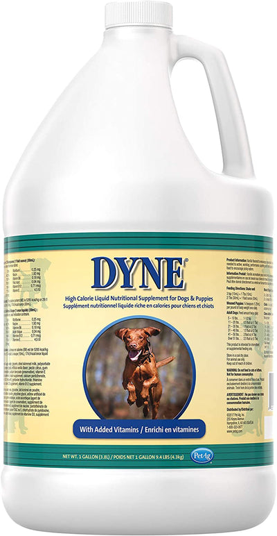 Dyne one gallon jug labeled with a leaping dog graphic and feeding chart