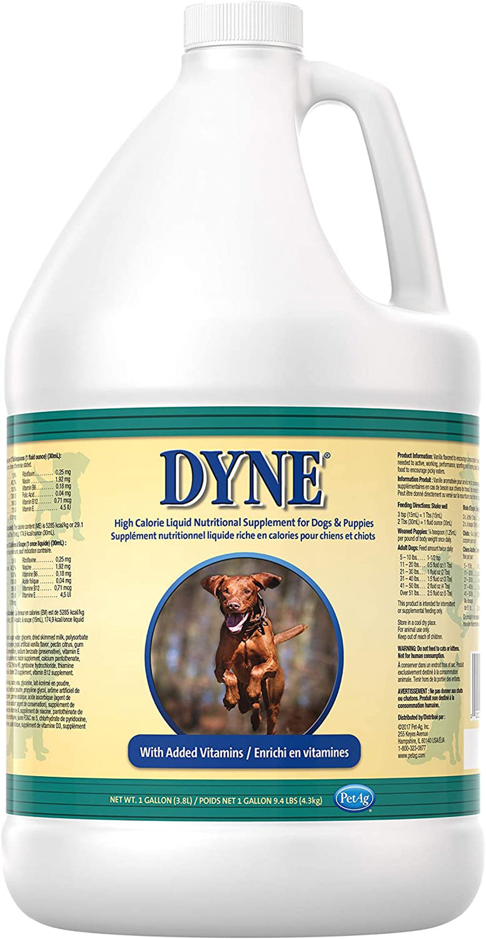 Dyne one gallon jug labeled with a leaping dog graphic and feeding chart