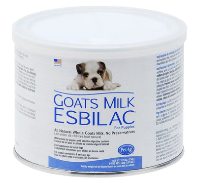 Angled view of Goats Milk Esbilac canister showing puppy photo and label