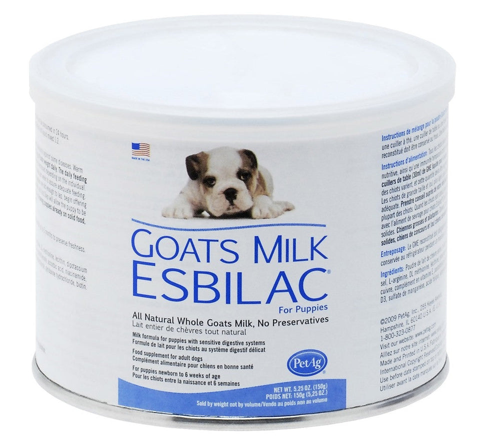 Angled view of Goats Milk Esbilac canister showing puppy photo and label