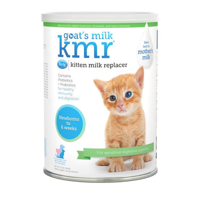 White can of Pet-Ag Goat's Milk KMR Kitten Milk Replacer with an orange kitten, blue eyes, on the label.