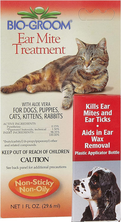 Ear Mite Treatment box art showing a cat, dog, and applicator bottle