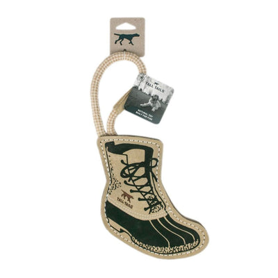 Tall Tails dog toy shaped like a hiking boot, made of tan leather and dark green wool, with a rope handle and brand tag.