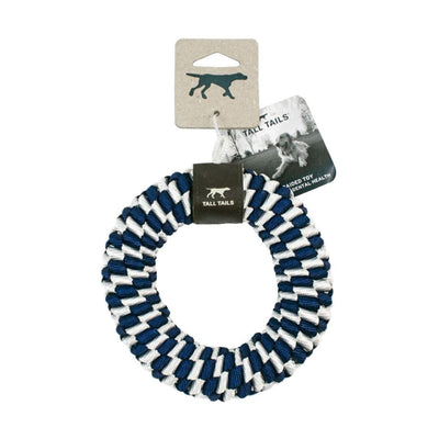 Navy and white braided dog toy ring with Tall Tails brand tags.