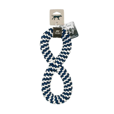 Navy and white braided rope dog tug toy shaped like an infinity symbol, with a Tall Tails brand tag.