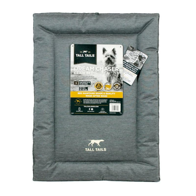 Gray Tall Tails dog crate mat bed with packaging showing a small dog, size S, and care instructions.