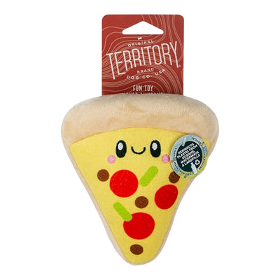 Plush pizza dog toy with a smiling face, red pepperoni, green peppers, and brown toppings, attached to a red Territory brand