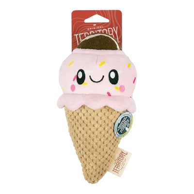 Plush dog toy shaped like a smiling pink ice cream cone with sprinkles, hanging from a red "Territory" brand tag.