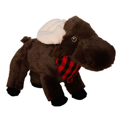 Brown plush moose dog toy with white antlers and a red and black plaid bandana.