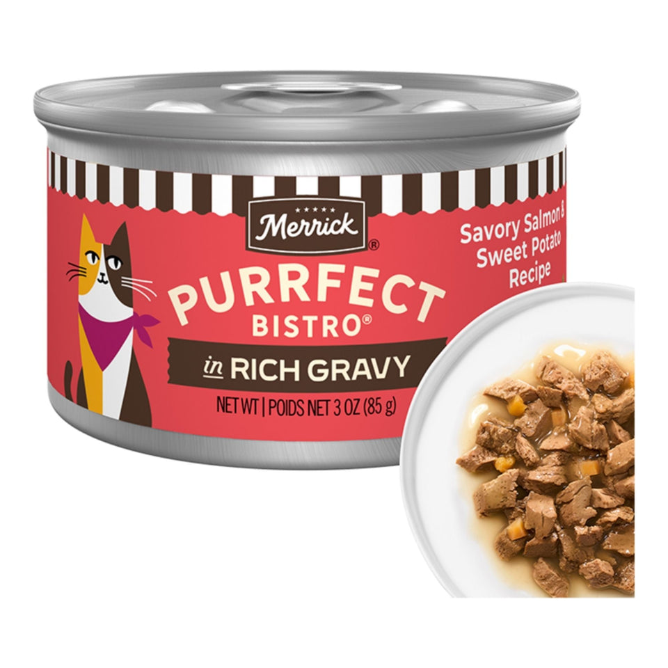 Merrick Cat Purrfect Bistro Delicious Premium High Protein Savory Salmon and Sweet Potato Recipe In Gravy 3oz. (Case of 24)