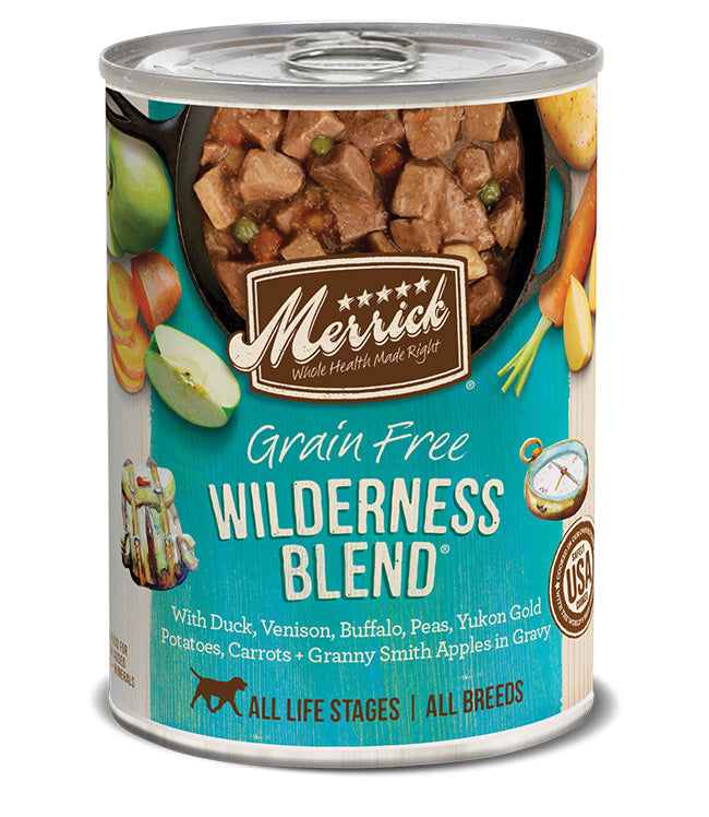 Wilderness Blend canned dog food can showing stew in cast iron skillet