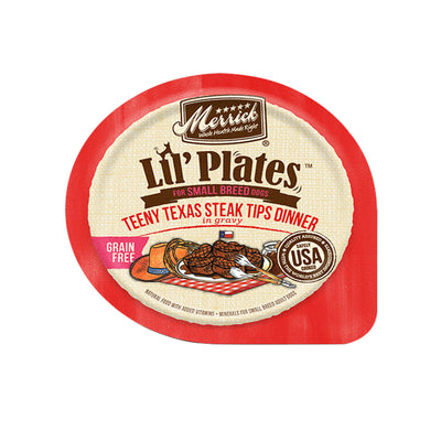 Red tub lid shows steak tips on plate with a cowboy hat and lasso