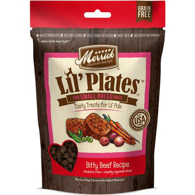 Merrick Lil' Plates Bitty Beef small breed dog treats bag with heart-shaped kibble window