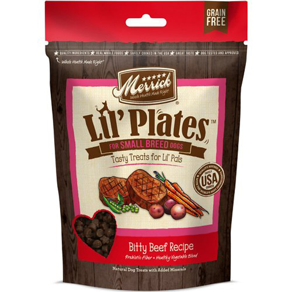 Merrick Lil' Plates Bitty Beef small breed dog treats bag with heart-shaped kibble window