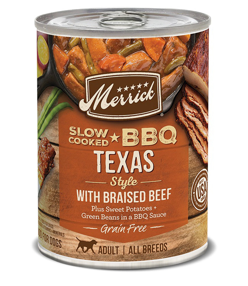 Texas BBQ style can label showing braised beef with green beans stew