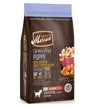 Merrick Grain Free Puppy Real Chicken and Sweet Potato bag with kibble shown