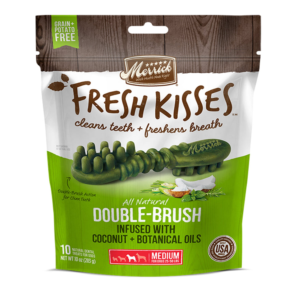 Fresh Kisses Double-Brush dental chew bag infused with coconut and botanical oils
