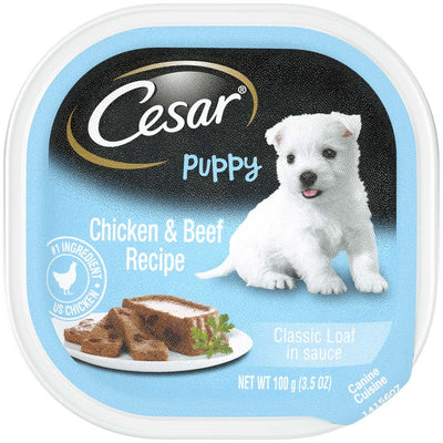 Cesar Puppy Classic Loaf tray, Chicken & Beef Recipe, top-down label view