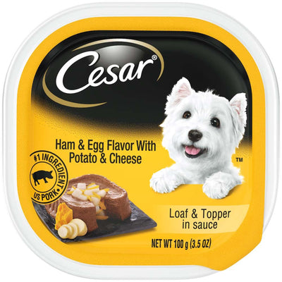 Cesar Loaf & Topper tray labeled Ham & Egg with Potato & Cheese, top view