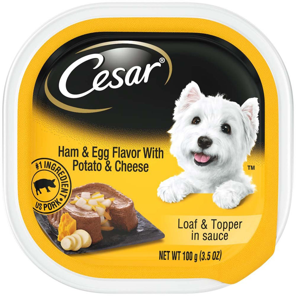 Cesar Loaf & Topper tray labeled Ham & Egg with Potato & Cheese, top view
