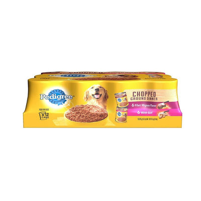 Pedigree Chopped Ground Dinner Adult Wet Dog Food Variety Pack (Filet Mignon, Beef) 13.2 oz 12 ct - Pets Perfect