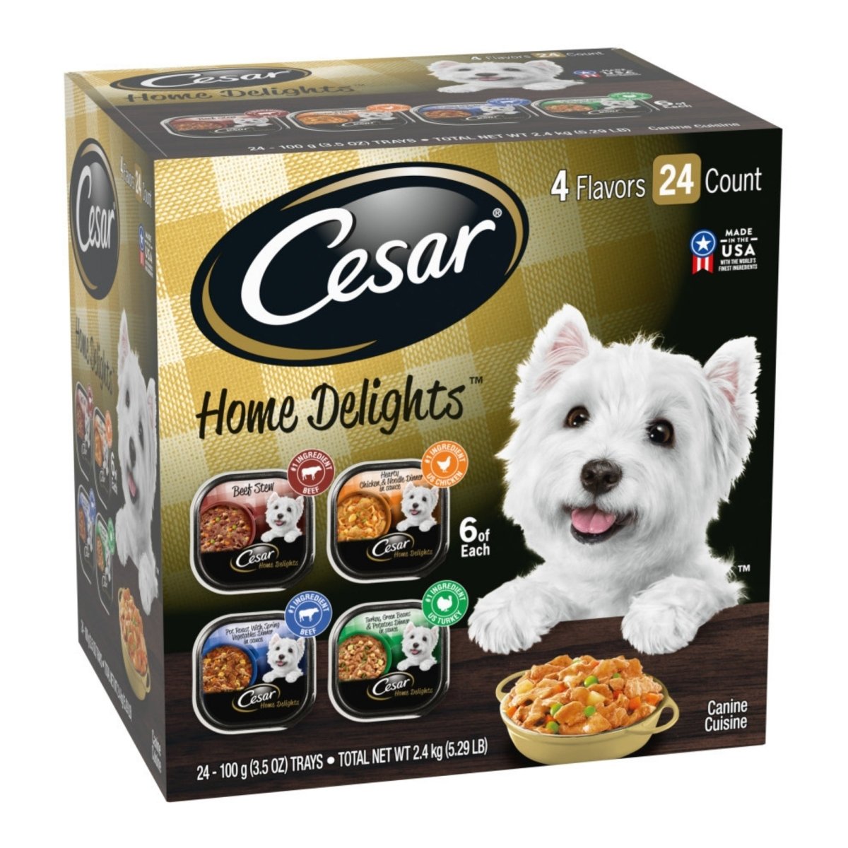 Cesar Home Delights Adult Wet Dog Food Variety Pack (Beef Stew, Turkey Potato & Green Bean, Pot Roast & Vegetables, Chicken Noodle Vegetable) 3.5oz 24pk - Pets Perfect