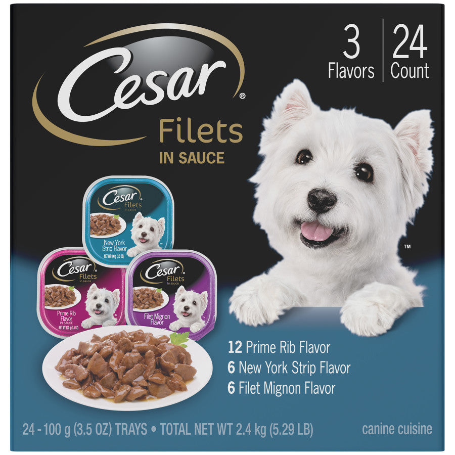 Cesar Filets in Gravy Adult Wet Dog Food Variety Pack (Prime Rib, Filet Mignon, New York Strip), 3.5 oz each, Case of 24