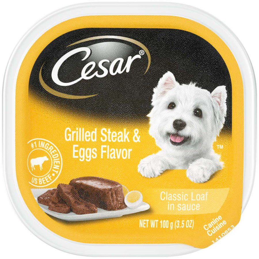 Cesar Classic Loaf in Sauce tray with Grilled Steak & Eggs, top-down foil label