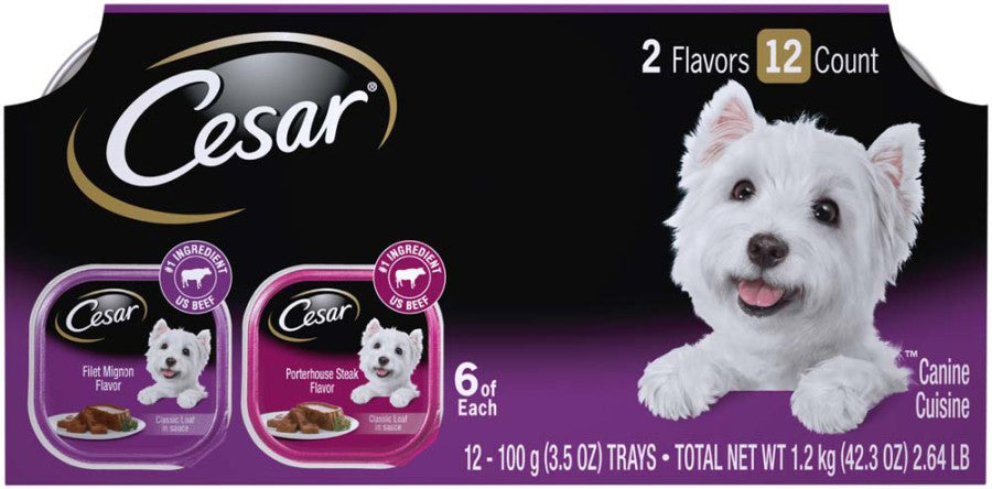 Cesar Classic Loaf in Sauce Adult Wet Dog Food Variety Pack (Filet Mignon, Porterhouse Steak) 42.3 oz 12 ct