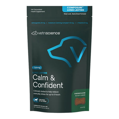 Dark green pouch of VetriScience Composure for dogs, featuring a blue dog head logo and a chicken-flavored chew.