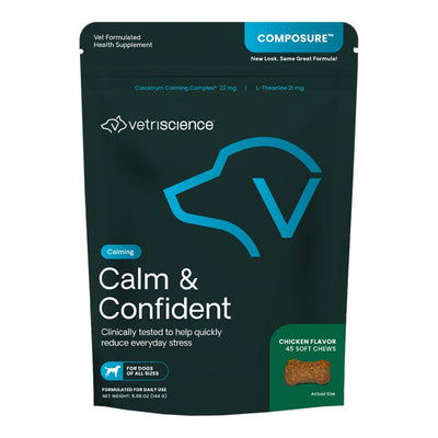 Dark green pouch of VetriScience Composure dog chews, showing a chicken-flavored soft chew and a dog head logo.