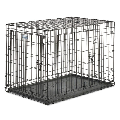Black wire dog crate with two doors and a dark gray plastic pan, shown at an angle on a white background.