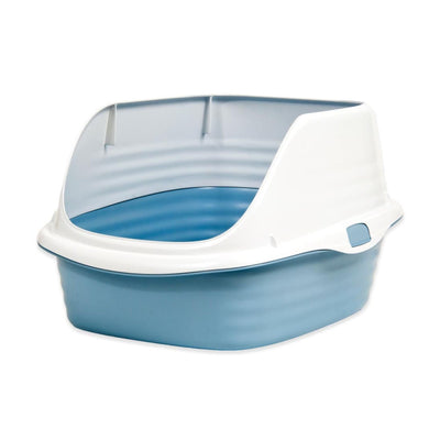 A blue and white cat litter box with a high back and clear rim is angled on a white background.