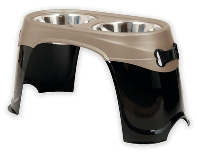 X-large Petmate Easy Reach Diner with two stainless steel bowls in a black and tan elevated stand.