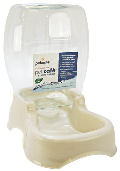 Petmate Pet Cafe Waterer with a clear plastic bottle and a pearl-colored base, shown from a slight angle.
