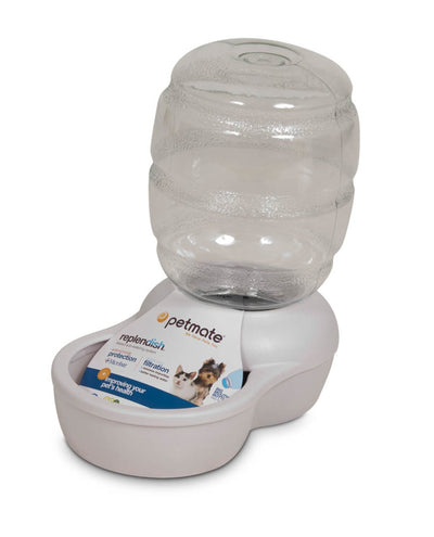 Pearl silver-grey Petmate Replendish pet waterer with a clear bottle and product label, angled slightly right.