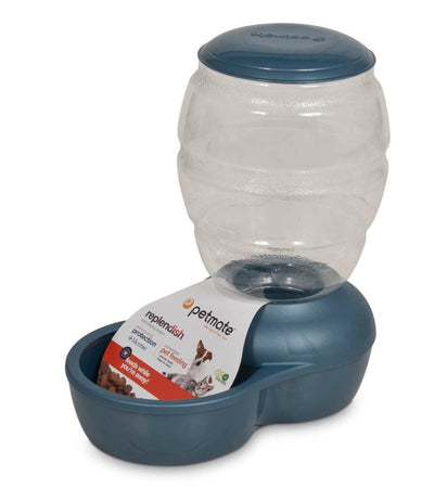 Small Petmate Replendish automatic pet feeder in pearl peacock blue with clear bottle, showing packaging and kibble.
