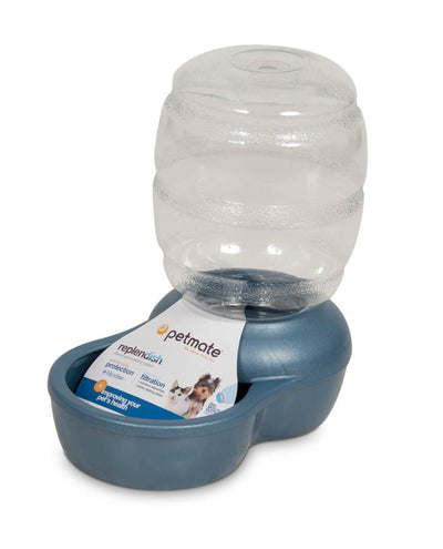 Petmate Replendish waterer with a clear bottle and blue base, angled to show the label with a cat and dog.
