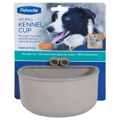 Grey Petmate No Spill Kennel Cup in packaging with a happy dog, showing product features and a close-up of the bowl.