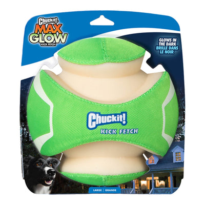 Green and white Max Glow Kick Fetch football toy on packaging
