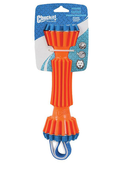 Orange ribbed rugged bumper toy with blue caps and blue fabric handle