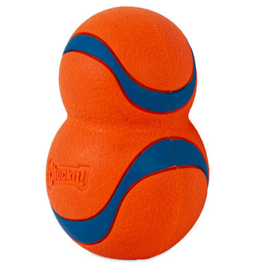 Orange and blue peanut shaped Ultra Tumbler dog toy shown unpackaged