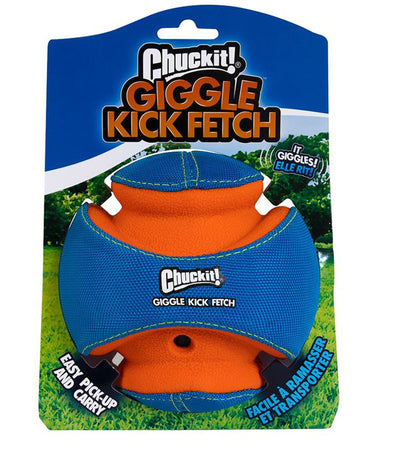 Blue and orange fabric Giggle Kick Fetch ball shown on branded packaging