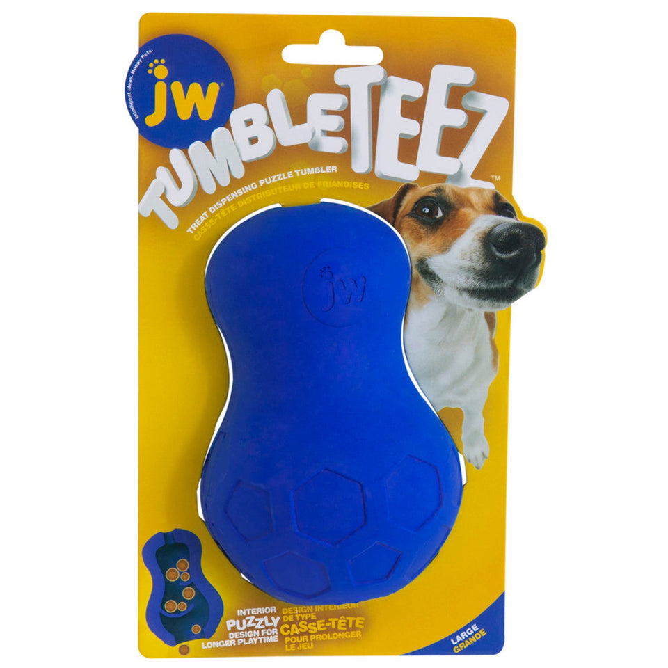 Blue hourglass-shaped Tumble Teez treat toy on package with beagle graphic