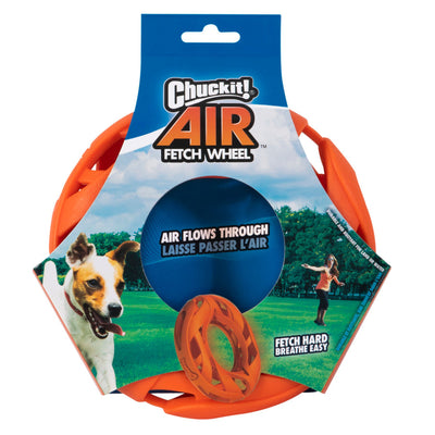 Orange fetch wheel package showing dog playing fetch and air-flow ring
