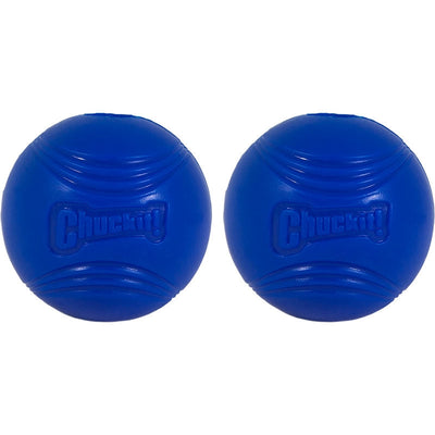 Two blue ridged fetch balls with embossed Chuckit logo, side by side