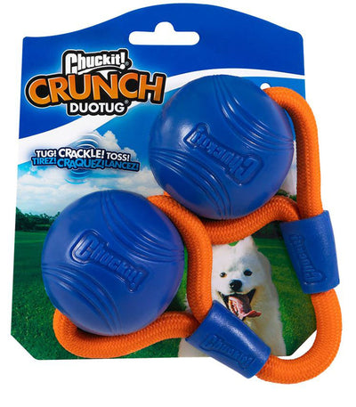 Two blue Crunch DuoTug balls connected by an orange rope tug handle
